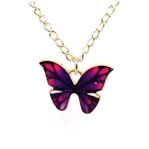 Gold Tone Butterfly‎ Pendant Necklace Purple Pink Enamel